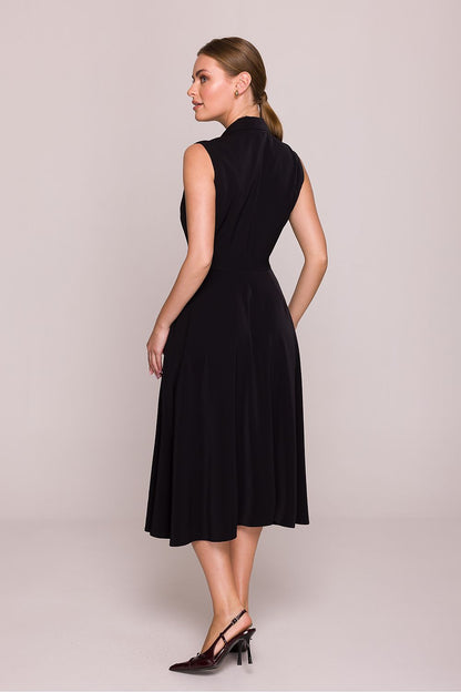 Stylove midi cocktail dress displayed with a focus on the exquisite deep V-neckline and refined collar, merging classic and modern elegance.