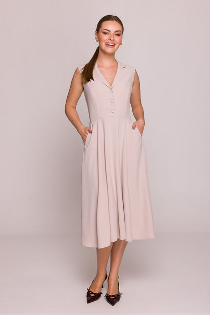 Stylove Midi Cocktail Dress showcasing an elegant V-neckline and fitted top flowing into a flared bottom, perfect for special occasions and crafted in Poland.