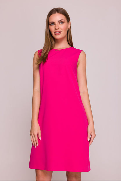 Stylove Elegant Satin Finish Daydress - Luxurious sleeveless trapezoidal dress featuring a delicate metal detail, made from smooth, slightly stretchy satin fabric, ideal for both office and casual outings.