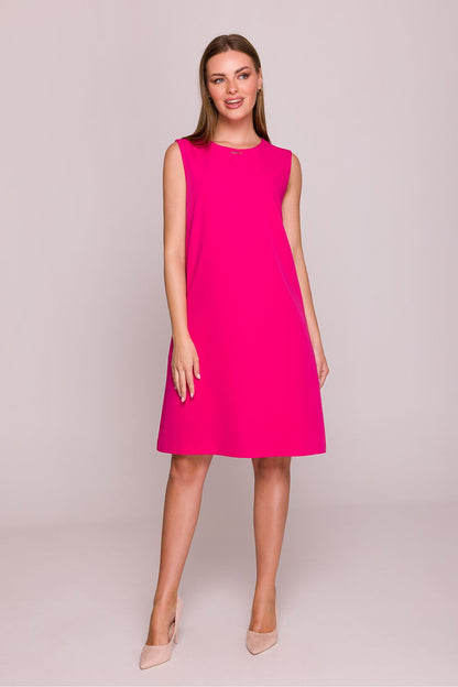 Stylove Elegant Satin Finish Daydress - Showcasing the sophisticated round neckline and hidden zipper, this chic A-line dress offers a minimalist look perfect for everyday elegance.
