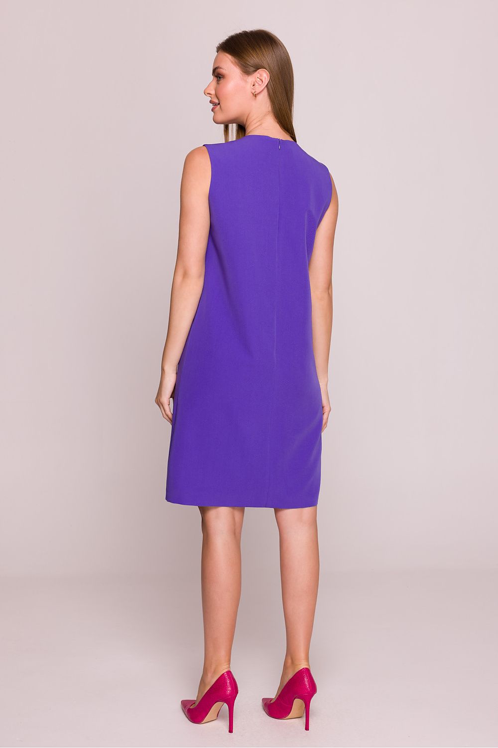 Stylove Elegant Satin Finish Daydress in a luxurious satin fabric, showcasing a trapezoidal cut and sleeveless design for a timeless look.