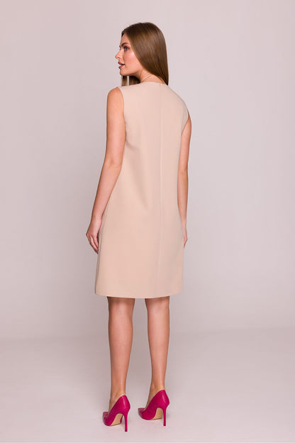 Stylove Elegant Satin Finish Daydress displayed in a flattering above-the-knee length, crafted from smooth stretchy fabric featuring a subtle sheen and hidden zipper for a minimalist elegance.