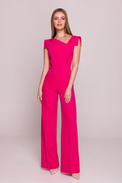 Stylove asymmetrical neckline satin jumpsuit featuring a sleek design and subtle shine, ideal for elegant occasions and sizes S to XL.