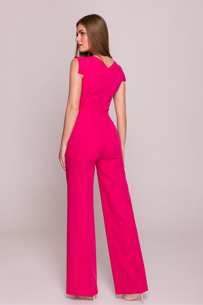 Close-up of the Stylove satin jumpsuit showing intricate fold details on the asymmetrical neckline, highlighting its luxurious design and comfortable fabric.