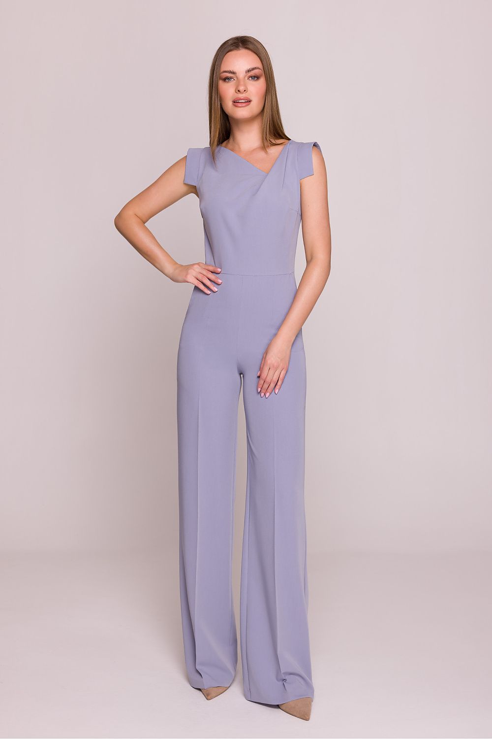 Stylove elegant asymmetrical neckline satin jumpsuit showcasing luxurious draping and sophisticated design, perfect for special occasions.