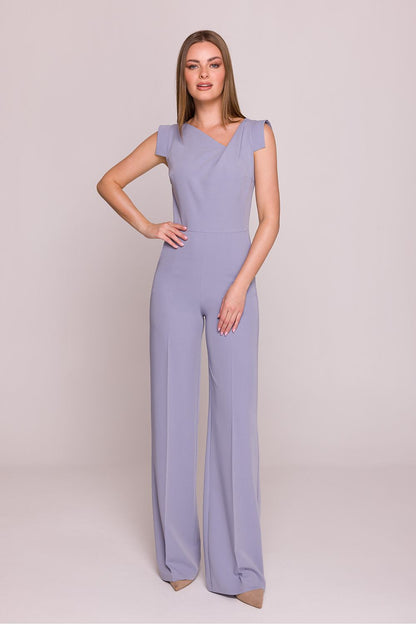 Stylove elegant asymmetrical neckline satin jumpsuit showcasing luxurious draping and sophisticated design, perfect for special occasions.