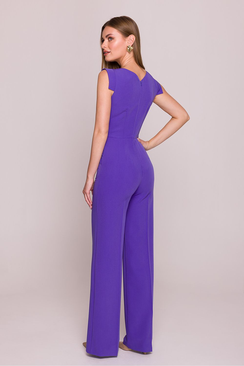 Back view of Stylove satin jumpsuit with covered zipper closure, exemplifying refined design and elegant style.