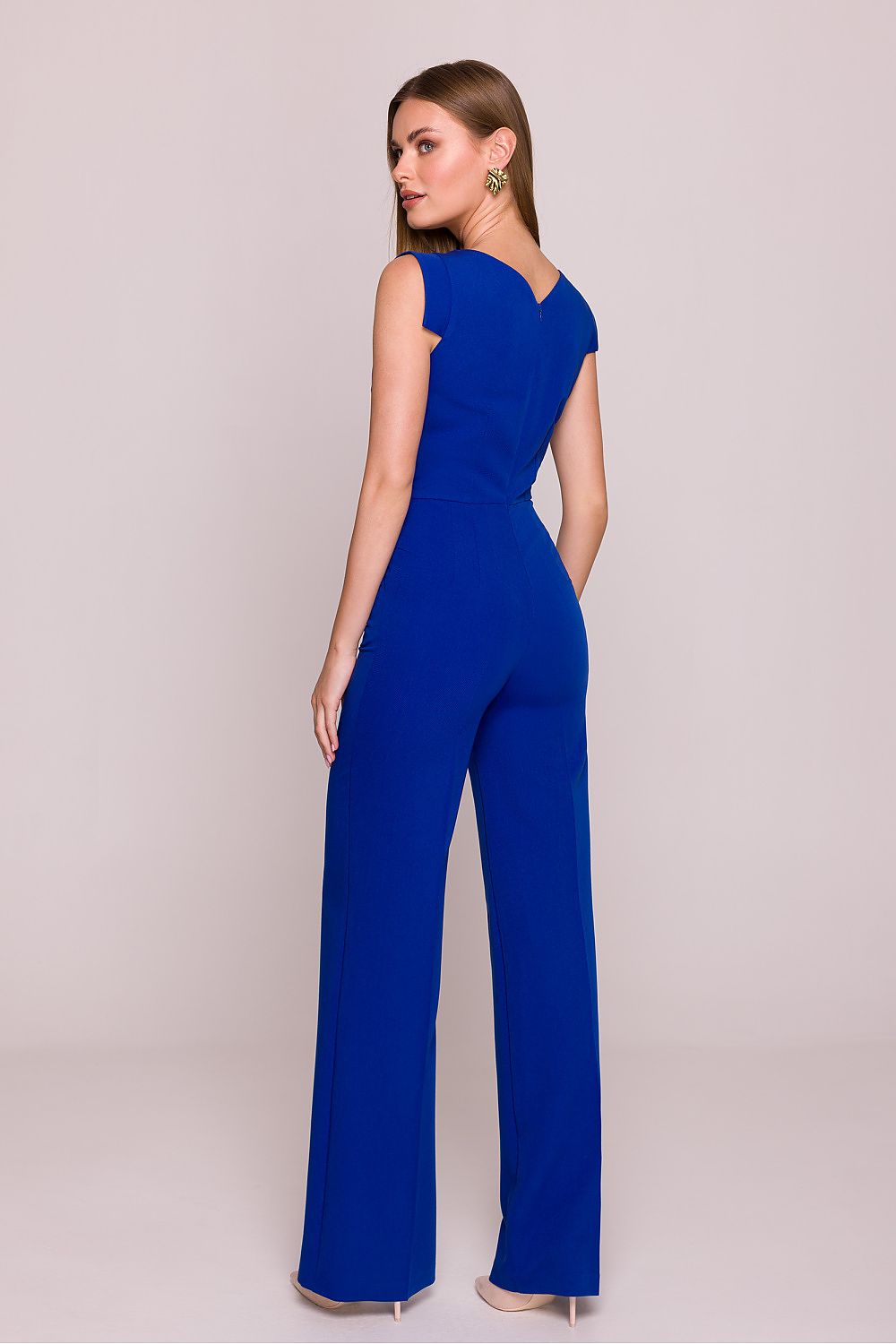 Stylove elegant asymmetrical neckline satin jumpsuit, showcasing its luxurious sheen and sophisticated design, perfect for a stylish evening outfit.
