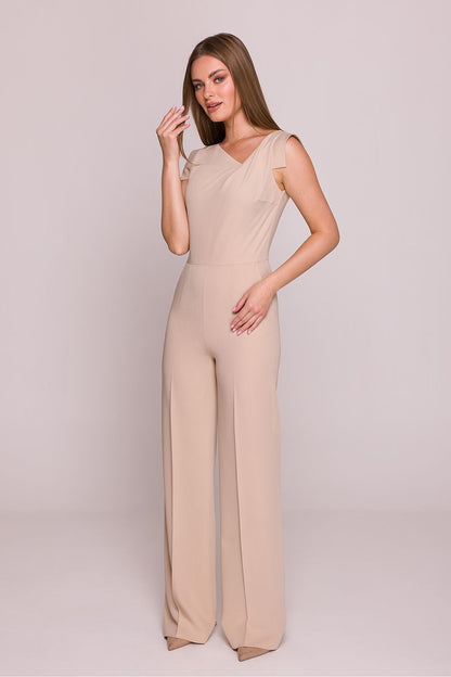 Stylove sleeveless jumpsuit with eye-catching fold detail and fitted bodice, highlighting feminine silhouettes in elegant satin fabric.