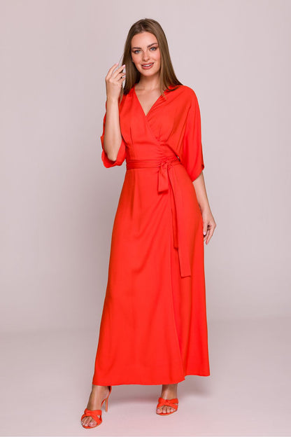 Model wearing the Stylove Satin Finish Daydress, exemplifying comfort and elegance with flared bottom and elbow-length sleeves.