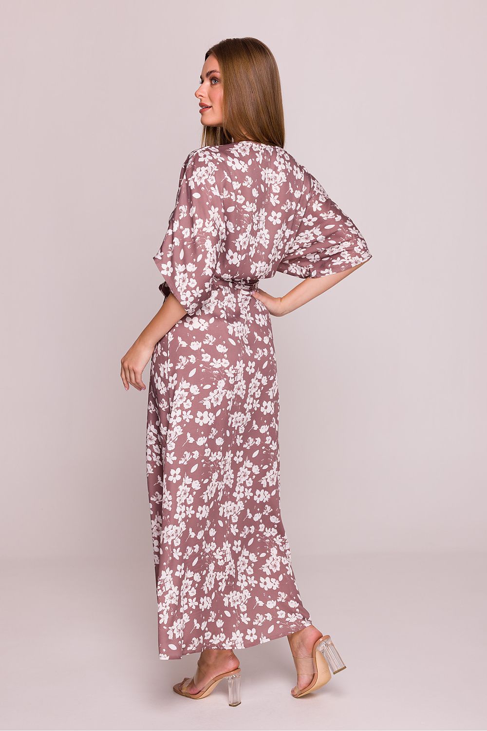 Stylish V-neck floral viscose dress by Stylove, featuring lightweight fabric and elbow-length sleeves, ideal for a luxurious summer look.