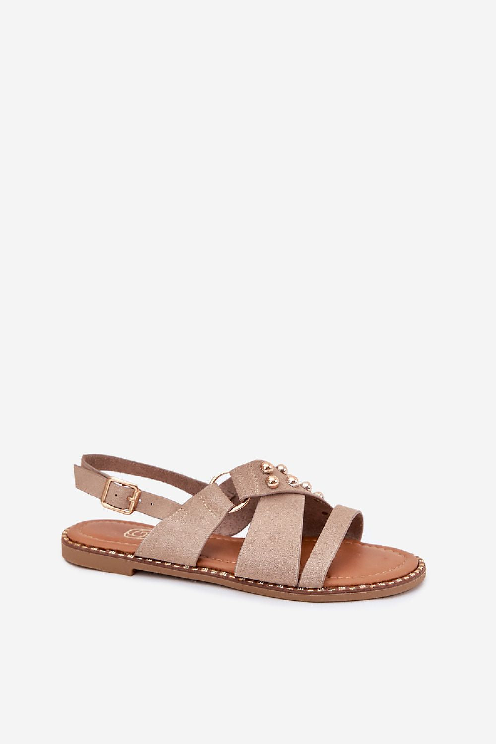 Elegant eco suede sandals for women by Step in Style, featuring adjustable buckle and decorative gold studs.