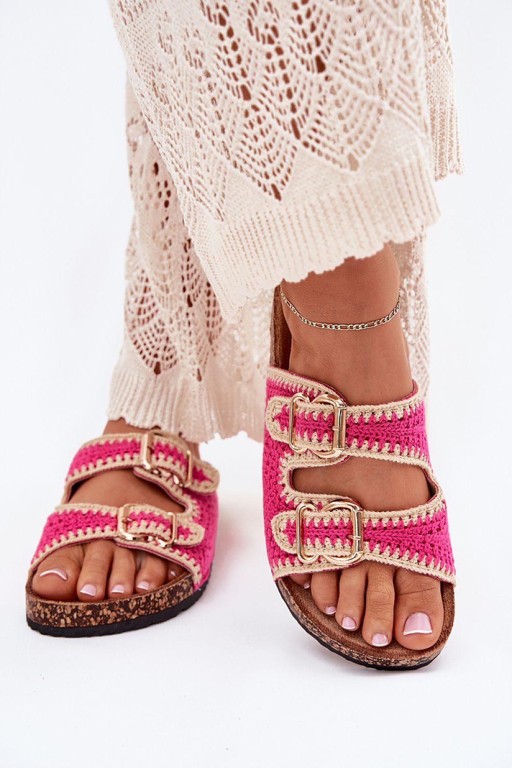 Elegant crocheted women's sandals by Step in Style featuring cork platform and golden buckles, perfect for summer outfits.