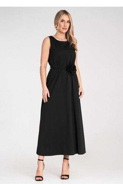 Elegant Figl sleeveless maxi dress with floral accents, featuring a decorative belt and a plain rounded neckline, designed for EU size 0.