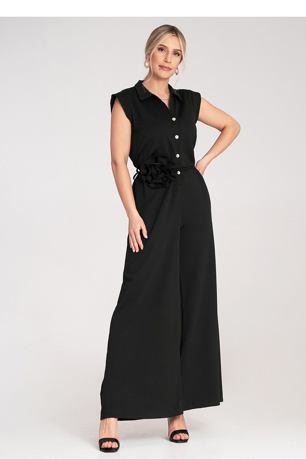 Luxury collar jumpsuit by Figl featuring a elegant button closure and decorative flower, designed for a sophisticated look.