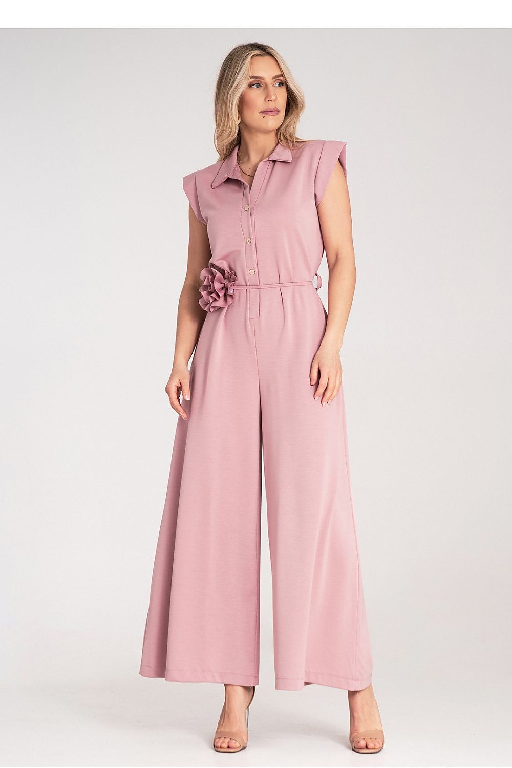Luxury collar jumpsuit by Figl in size EU S/M | US S/M featuring a belt and decorative flower detail.