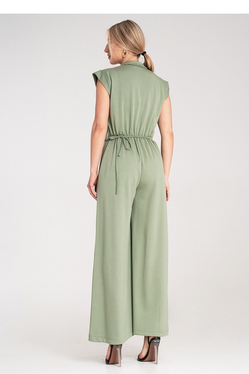 Elegant Figl luxury collar jumpsuit in EU S/M with wide legs, featuring a thin belt and decorative flower detail.