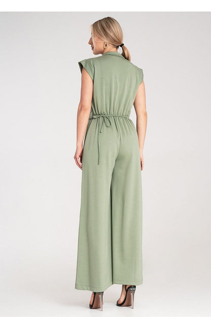 Elegant Figl luxury collar jumpsuit in EU S/M with wide legs, featuring a thin belt and decorative flower detail.
