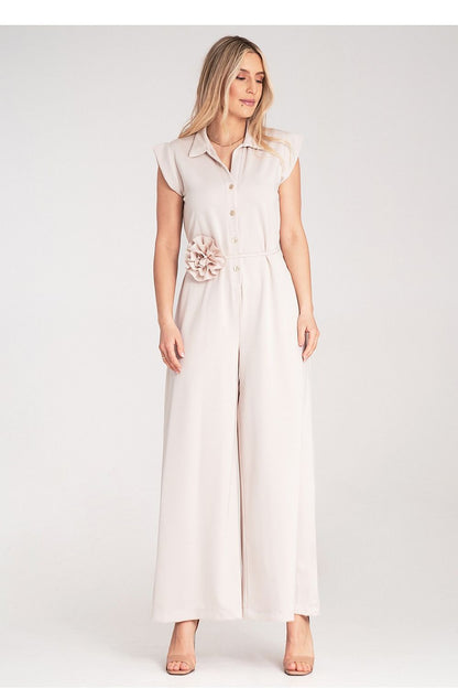 Stylish wide leg luxury jumpsuit by Figl, designed with a waist belt and decorative flower for an upscale look, available in US S/M.