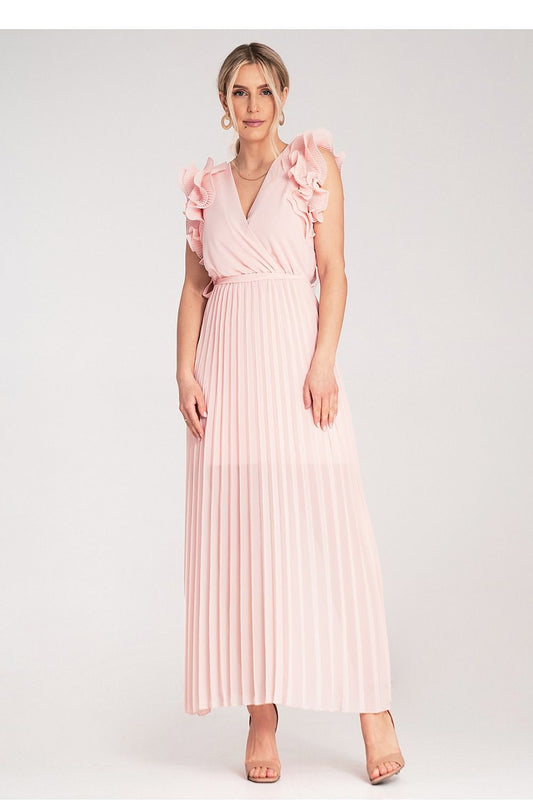 Elegant Figl maxi dress showcasing a sophisticated wrap neckline with delicate ruffles on the shoulders, ideal for formal occasions.