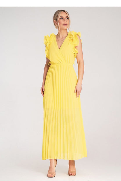 Elegant Figl maxi dress featuring a wrap neckline, double ruffles, and a long semi-transparent bottom, perfect for sophisticated occasions.