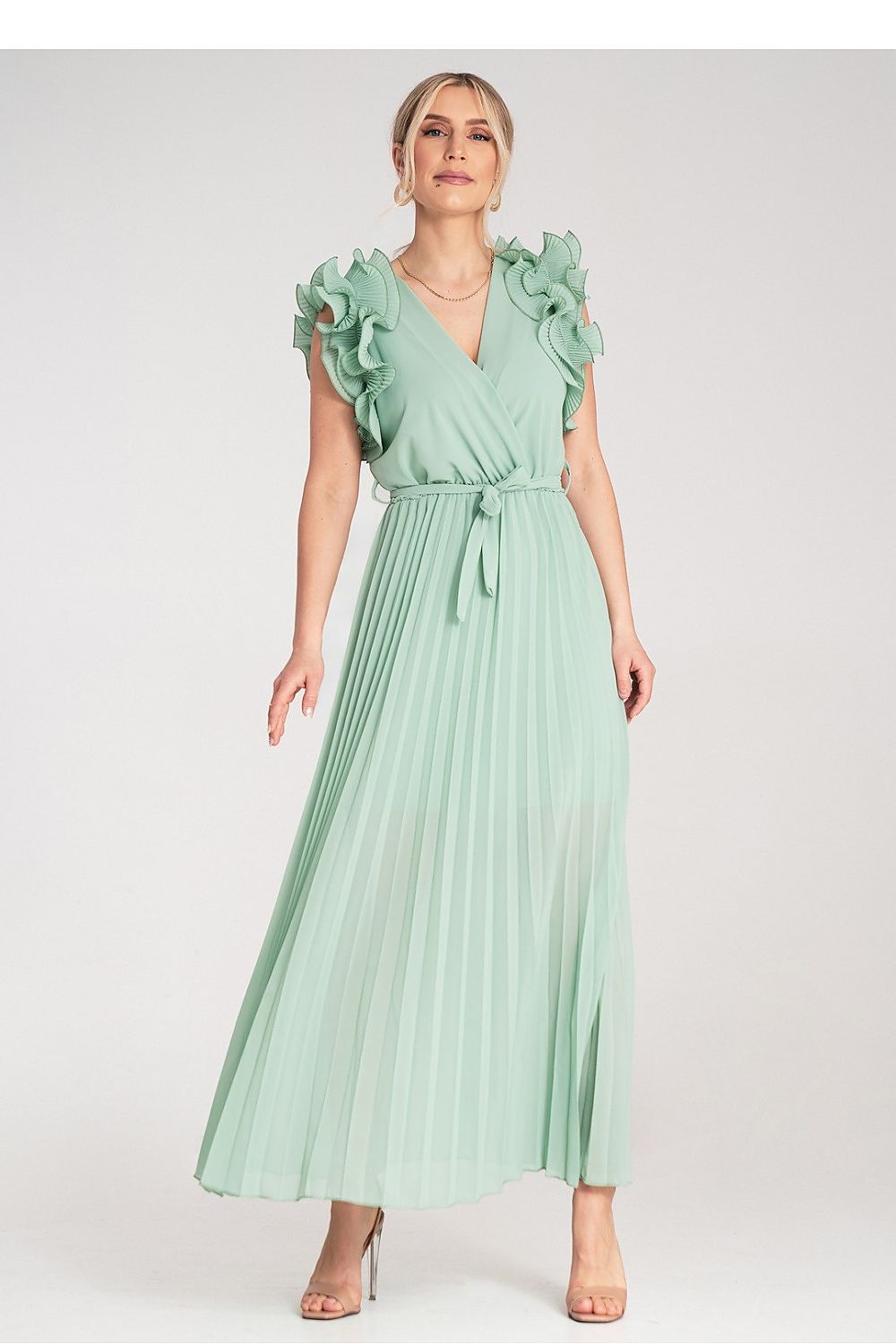 Figl elegant maxi dress featuring a wrap neckline and delicate ruffles, perfect for sophisticated occasions, available in sizes EU S/M and US S/M.