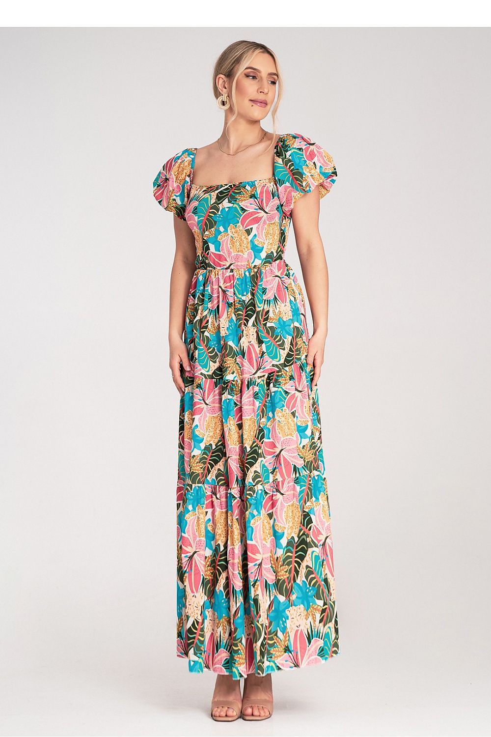 Chic Figl maxi dress in EU S/M with intricate flared layers, perfect for stylish occasions.