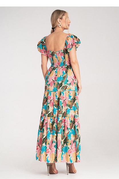 Elegantly designed Figl maxi dress showcasing a flared skirt, square neckline and puffy sleeves, perfect for chic occasions.