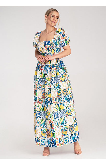 Elegant Figl maxi dress showcasing a fitted bodice and flared skirt, crafted from smooth fabric with an eye-catching ceramic tile design.