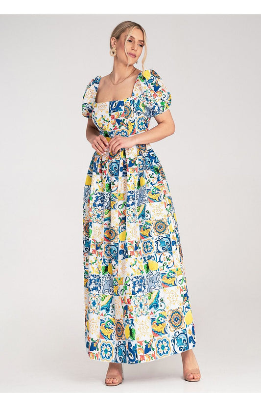 Elegant Figl maxi dress showcasing a fitted bodice and flared skirt, crafted from smooth fabric with an eye-catching ceramic tile design.
