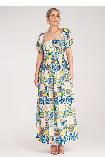 Luxury Figl maxidress featuring a vibrant, colourful tile pattern, designed with short puffy sleeves and a flattering fitted bodice, perfect for stylish occasions.