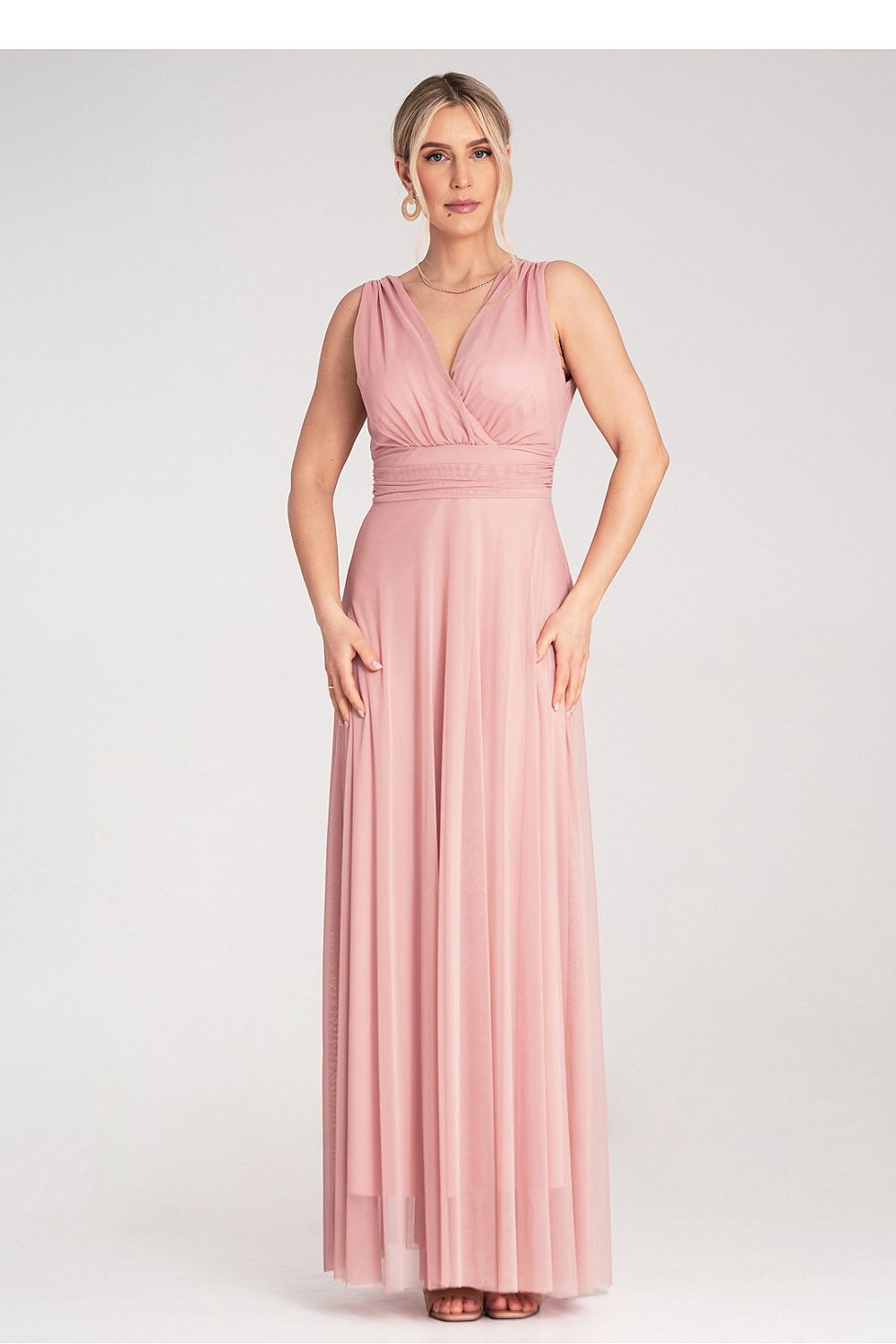 Elegant maxi dress by Figl in gorgeous fabric, perfect for evening events, with wrap neckline and luxurious styling.