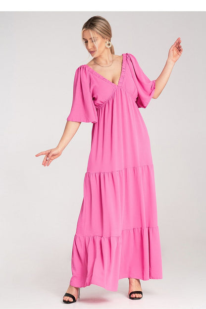 Elegant Figl maxi dress featuring a deep V-neckline and ruffled hem, designed for a luxurious look in size EU 0.
