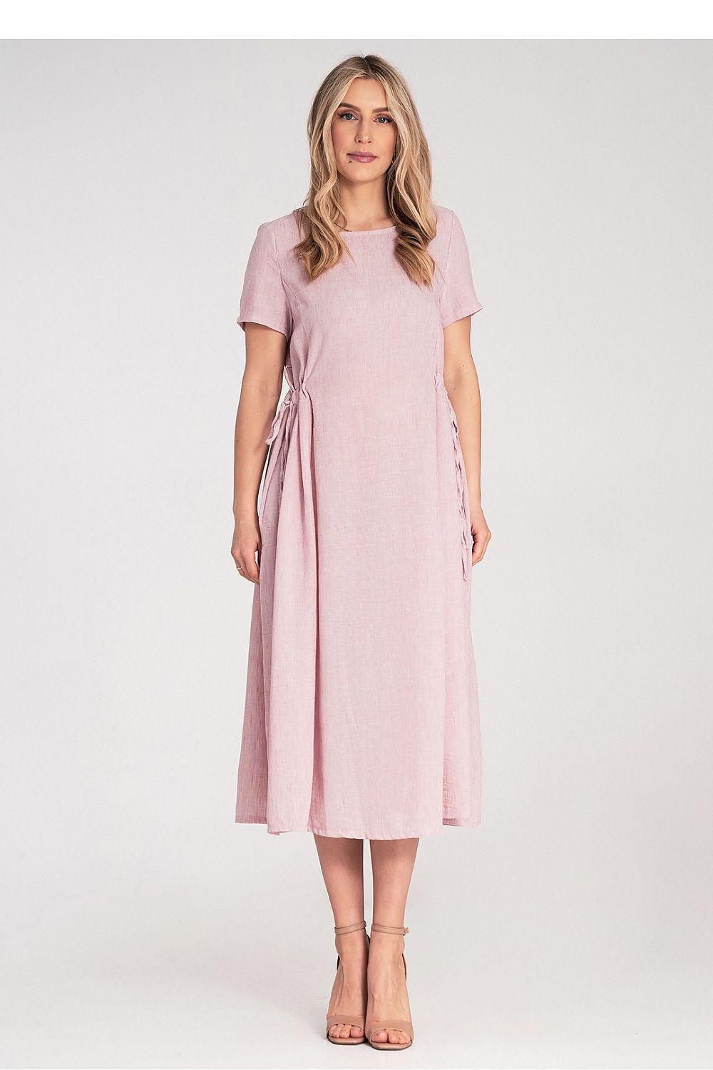 Elegant Figl midi dress with short sleeves, showcasing a round neckline and delicate gathering details, perfect for a luxurious evening out.