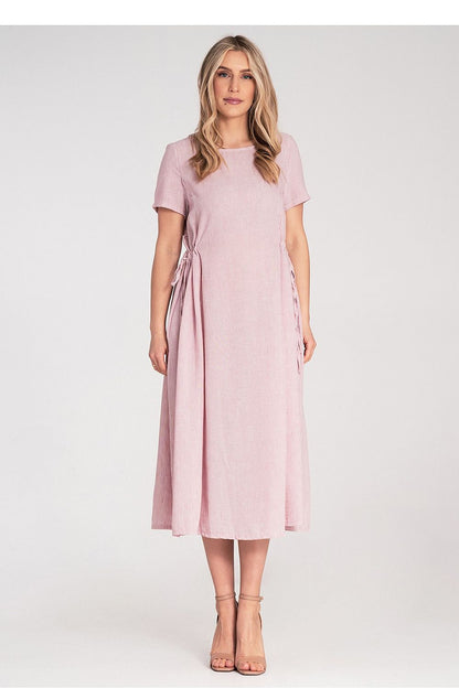 Elegant Figl midi dress with short sleeves, showcasing a round neckline and delicate gathering details, perfect for a luxurious evening out.