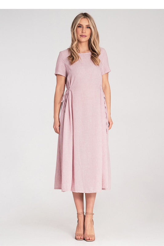 Elegant Figl midi dress with short sleeves, showcasing a round neckline and delicate gathering details, perfect for a luxurious evening out.