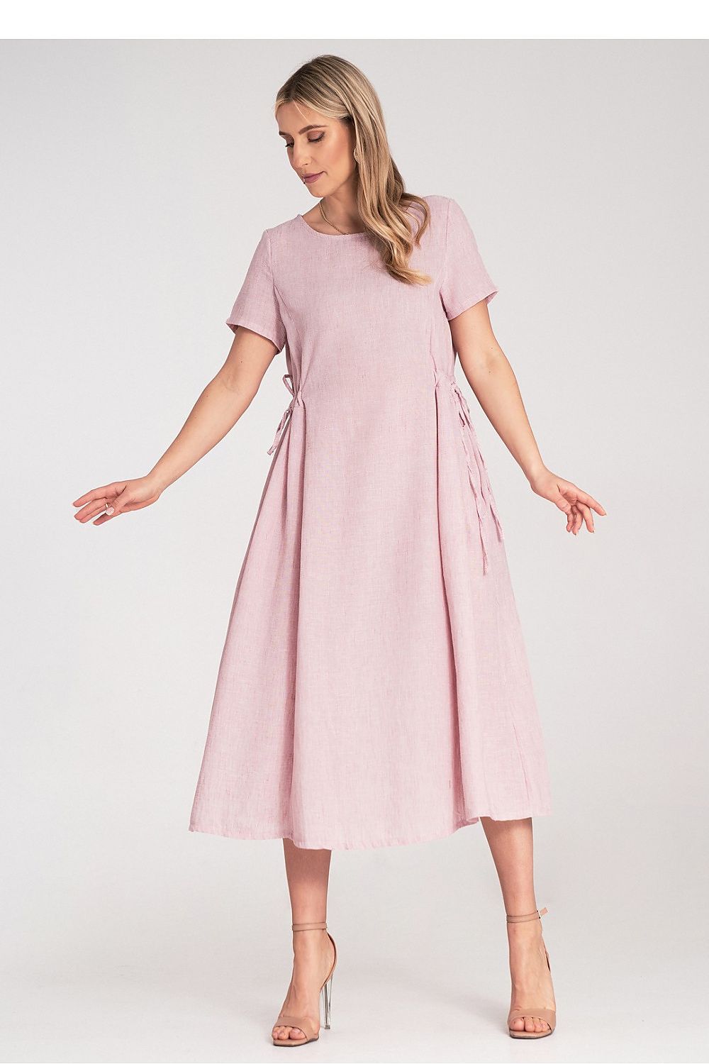 Chic Figl midi dress with an elegantly styled rounded neckline and short sleeves, embodying luxury and comfort for any occasion.