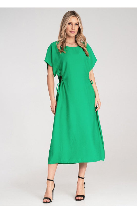 Luxury Figl Midi Dress featuring decorative cut-outs and round neckline, showcased elegantly on a model for a stylish look.