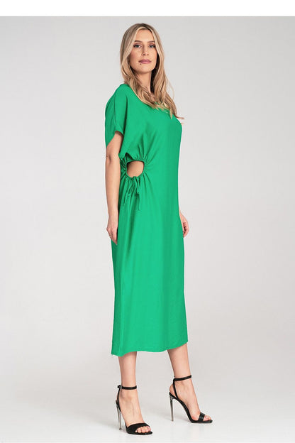 Detailed view of luxury Figl midi dress showcasing unique side gatherings and stylish loose sleeves, available in size EU 0.