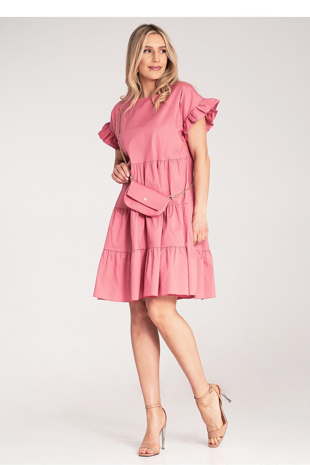 Back view of Figl Mini Ruffle Daydress in captivating light cotton, featuring a chic silhouette, perfect for casual or elegant occasions.