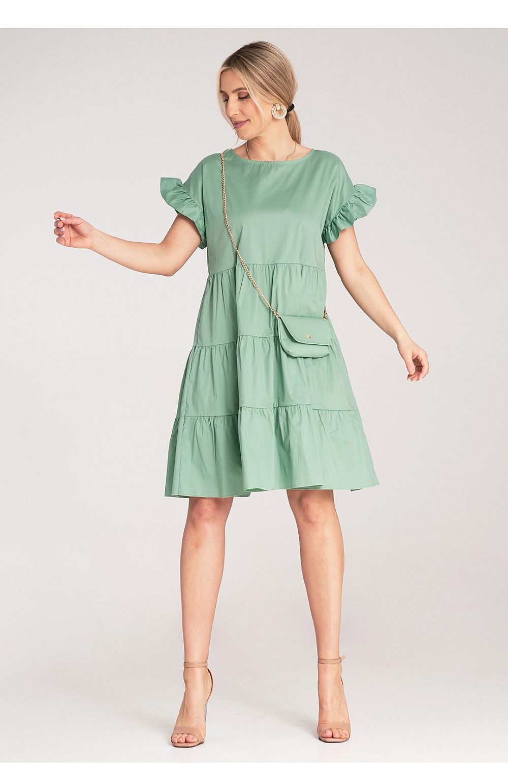Elegant Figl Mini Ruffle Daydress featuring short sleeves and flared bottom, perfect for a sophisticated yet casual look.