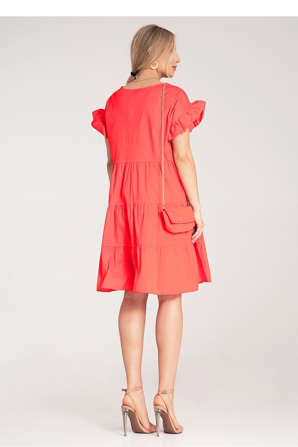 Complete look of the Figl Mini Ruffle Daydress with matching small bag, emphasising a coordinated luxury fashion statement.