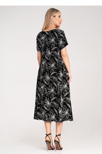 Stylish Figl midi dress showcasing a flared silhouette with short sleeves and a chic round neckline, perfect for sophisticated occasions in EU size 0.