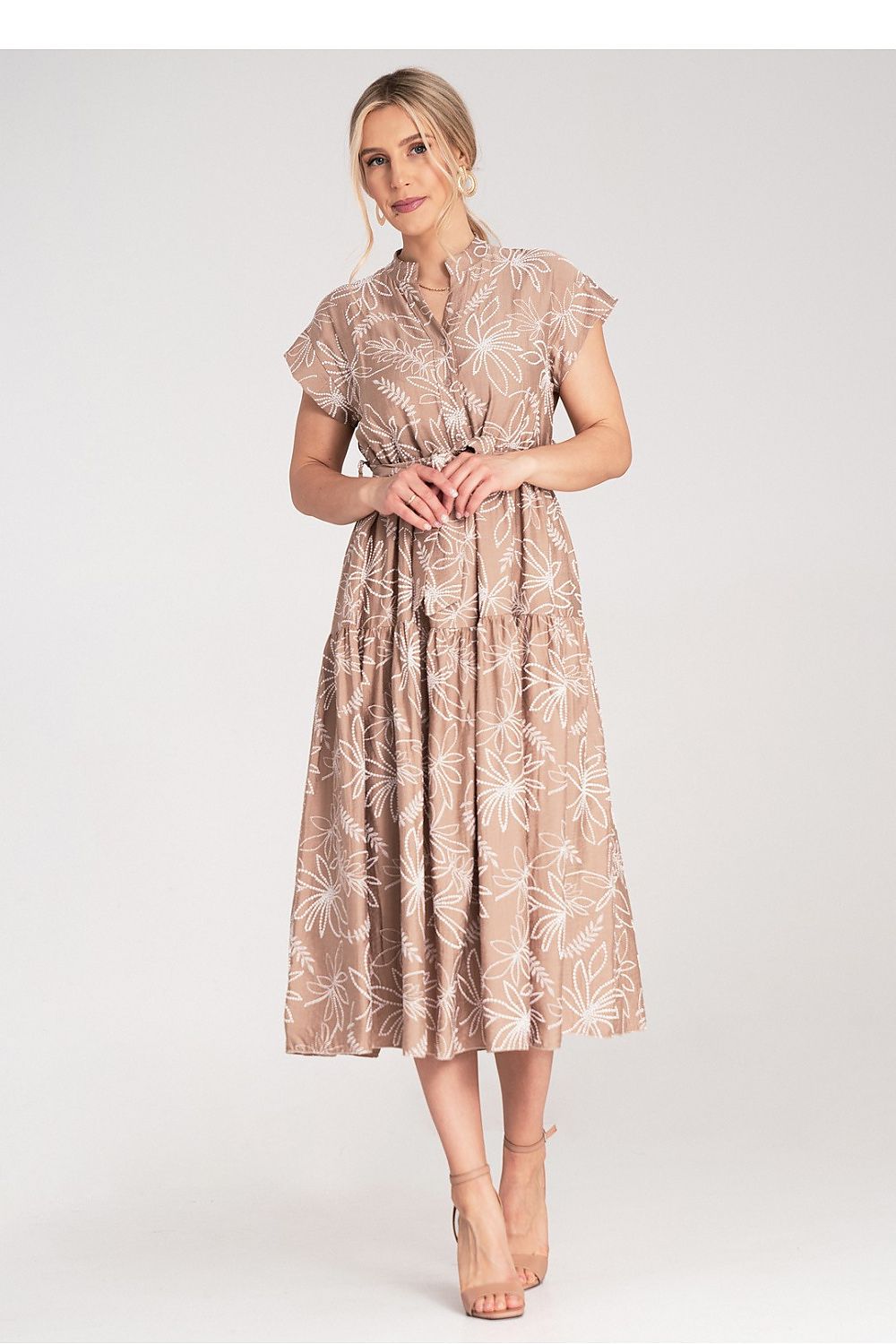 Back view of the Figl Elegant Midi Dress with a thin waist belt and wide ruffles for added volume.
