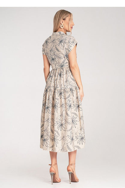 Elegant midi dress by Figl showcasing a beautiful floral motif, short sleeves, and a chic stand-up collar, perfect for sophisticated occasions.