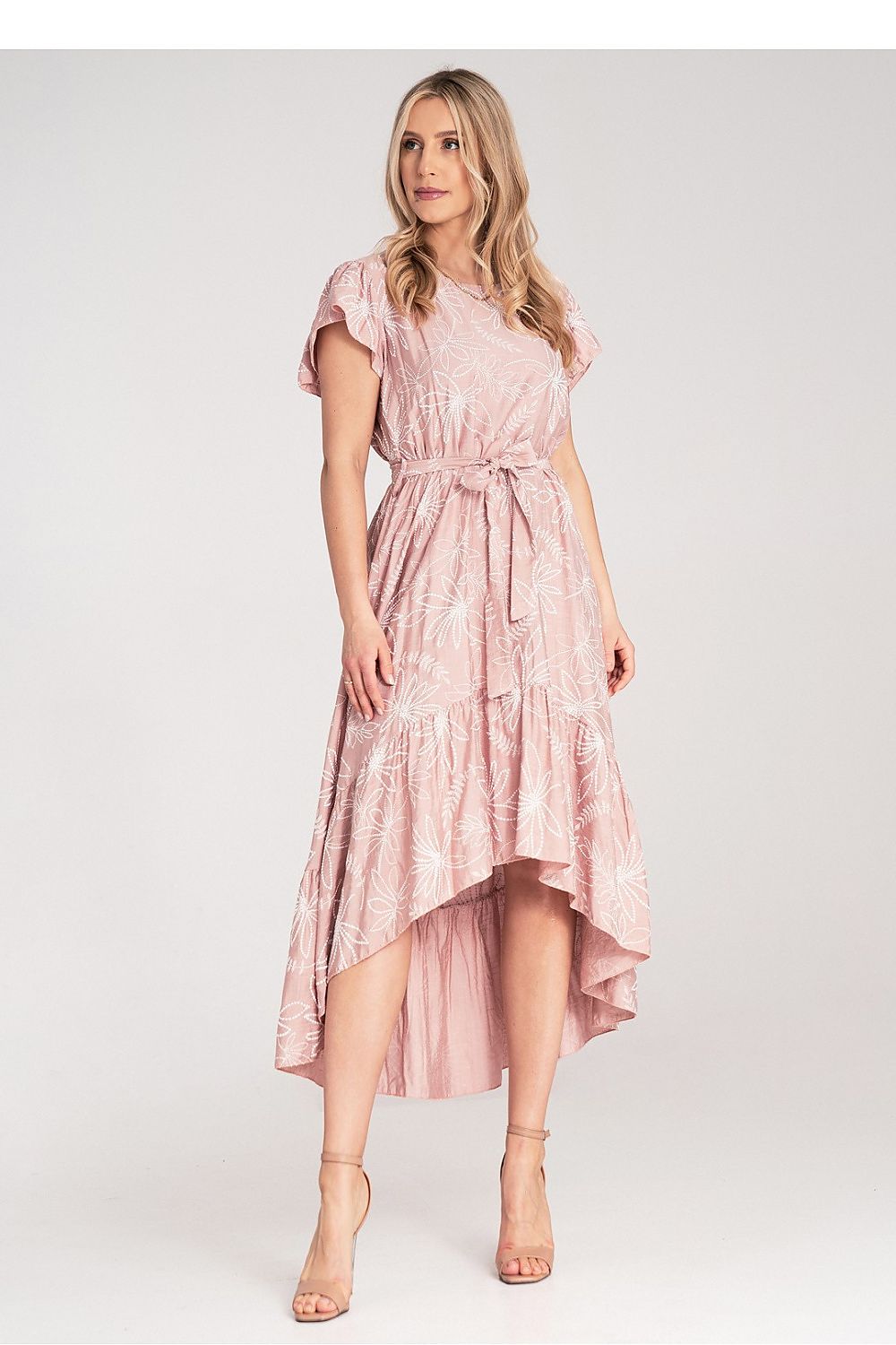 Elegant Figl midi dress featuring a stunning floral motif and asymmetric ruffle design, perfect for sophisticated occasions.