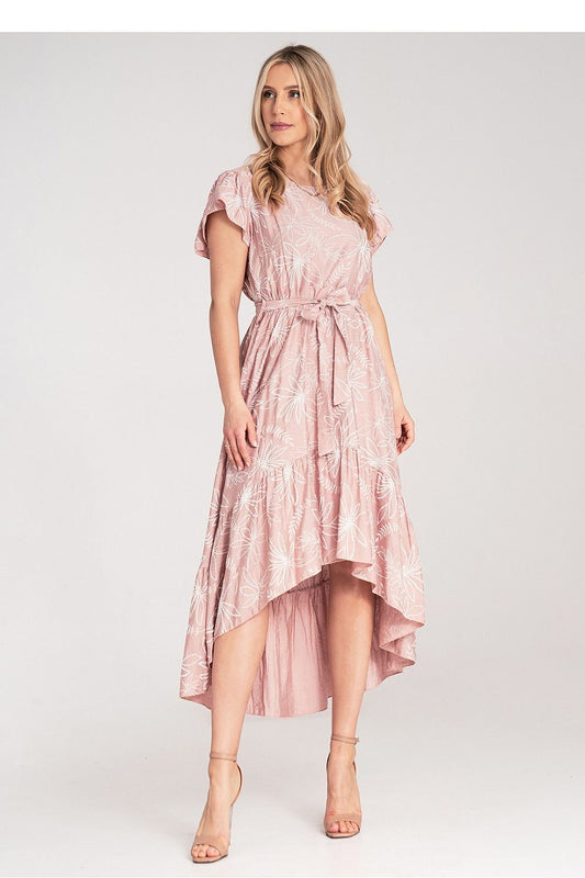 Elegant Figl midi dress featuring a stunning floral motif and asymmetric ruffle design, perfect for sophisticated occasions.