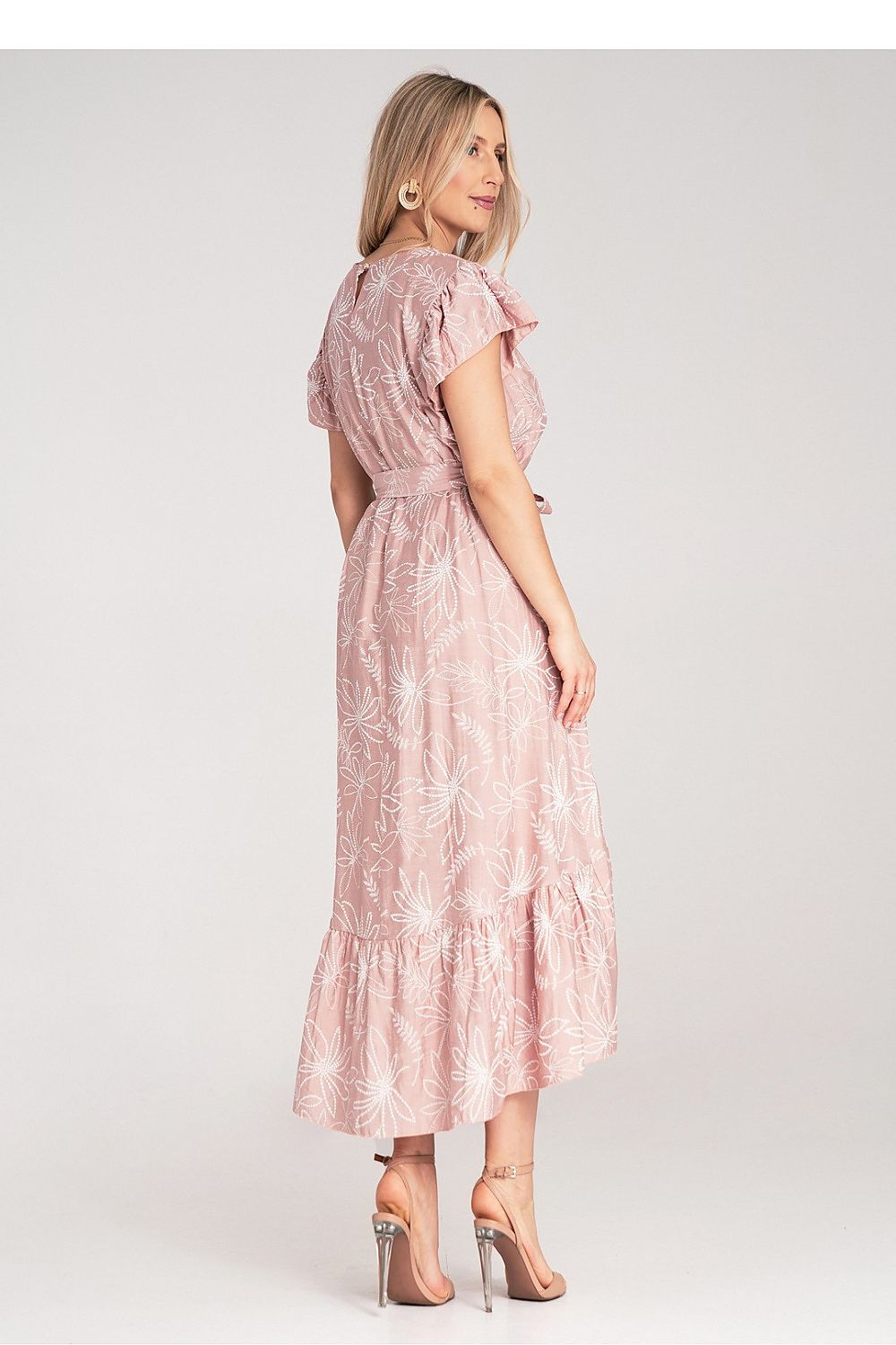 Asymmetric ruffle detail of the Figl midi dress, elegantly designed to flatter the figure with a chic belt and luxurious fabric.