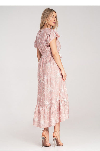 Asymmetric ruffle detail of the Figl midi dress, elegantly designed to flatter the figure with a chic belt and luxurious fabric.