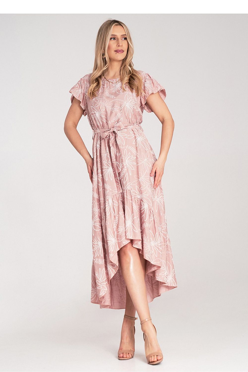 Elegant Figl midi dress featuring a floral motif with embossed texture, showcasing a round neckline and ruffle sleeves.